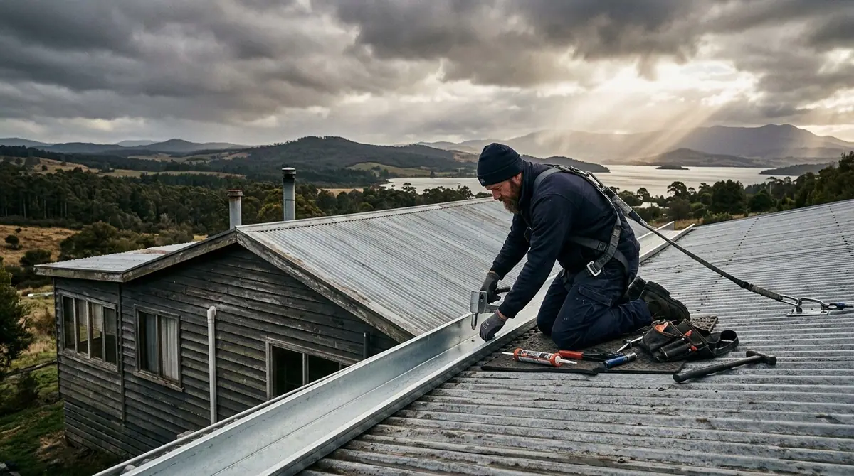 A Howrah Plumbing roof plumber harnessed on a roof above the Derwent